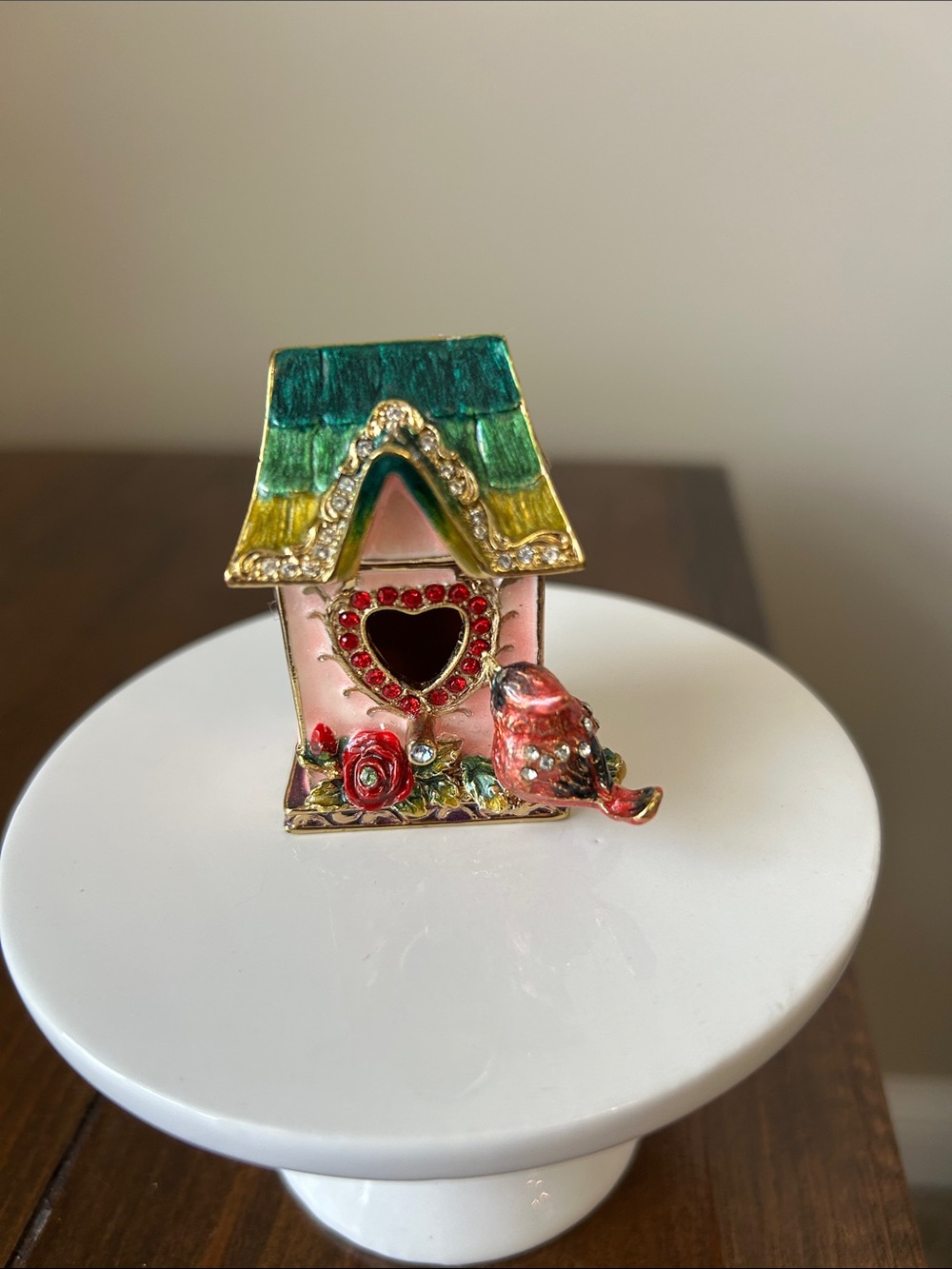Vintage Enamel Heart Birdhouse Trinket Box in Pink with Multicolor Roof